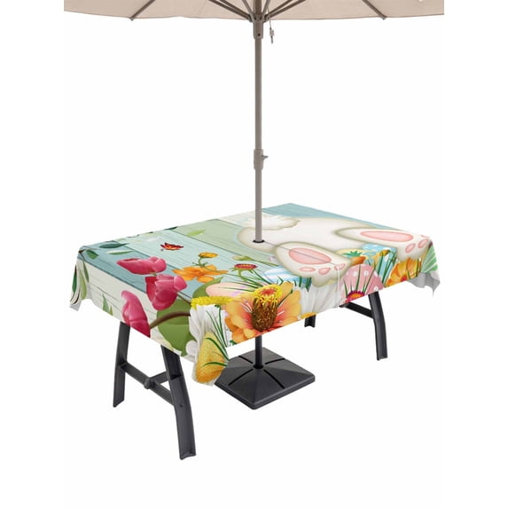 Outdoor Tablecloth with Umbrella Hole and Zipper, Easter Rectangle Table Cloth 60x102 Inch Waterproof Tablecloth, Spring Watercolor Eggs Country Tulip Wooden Grain Picnic Table Cover for Patio