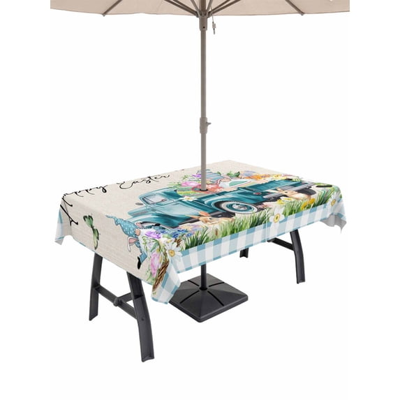 Outdoor Tablecloth with Umbrella Hole and Zipper, Easter Rectangle Table Cloth 60x120 Inch Waterproof Tablecloth, Blue Plaid Truck Eggs Bunny Spring Floral Gnomes Rustic Picnic Table Cover for Patio