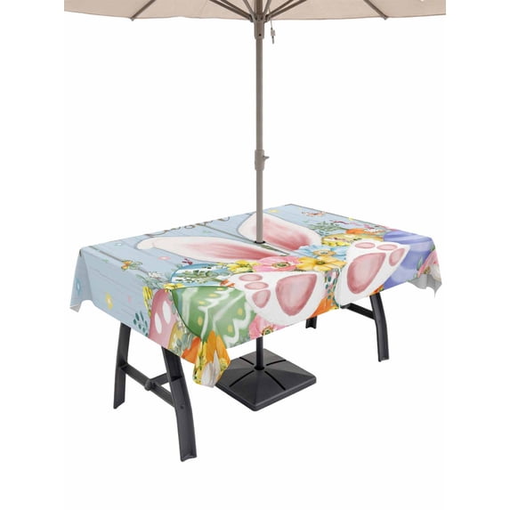 Outdoor Tablecloth with Umbrella Hole and Zipper, Easter Rectangle Table Cloth 60x120 Inch Waterproof Tablecloth, Spring Eggs Rabbit Ear Flowers Wooden Grain Picnic Table Cover for Patio Camping