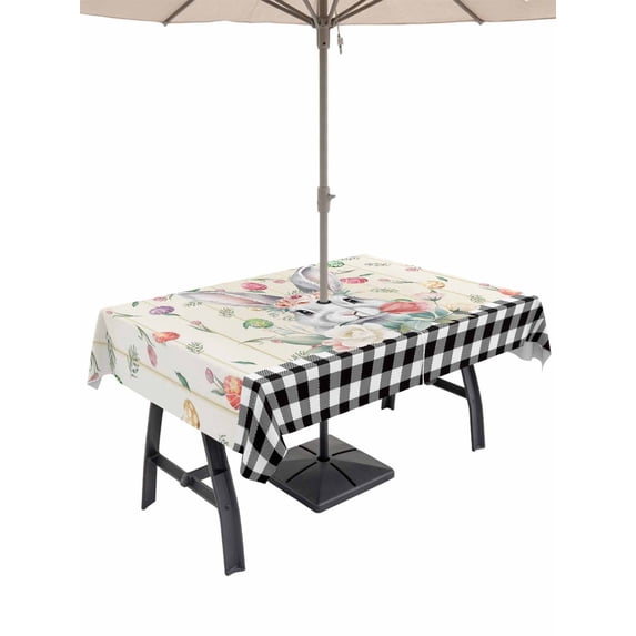 Outdoor Tablecloth with Umbrella Hole and Zipper, Easter Rectangle Table Cloth 60x120 Inch Waterproof Tablecloth, Spring Farmhouse Bunny Eggs Flower Black Plaid Picnic Table Cover for Patio Camping