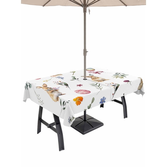 Outdoor Tablecloth with Umbrella Hole and Zipper, Easter Rectangle Table Cloth 60x120 Inch Waterproof Tablecloth, Spring Farmhouse Rabbits Eggs Leaves Flowers Picnic Table Cover for Patio Camping