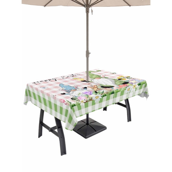 Outdoor Tablecloth with Umbrella Hole and Zipper, Easter Rectangle Table Cloth 60x120 Inch Waterproof Tablecloth, Spring Gnomes Floral Bunny Duck Green Pink Plaid Picnic Table Cover for Patio Camping