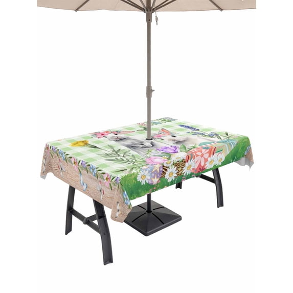 Outdoor Tablecloth with Umbrella Hole and Zipper, Easter Rectangle Table Cloth 60x120 Inch Waterproof Tablecloth, Spring Rabbit Botanical Flowers Eggs Plaid Picnic Table Cover for Patio Camping