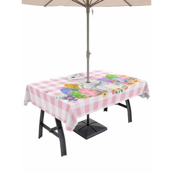 Outdoor Tablecloth with Umbrella Hole and Zipper, Easter Rectangle Table Cloth 60x120 Inch Waterproof Tablecloth, Spring Watercolor Bunny Eggs Butterflies Pink Plaid Picnic Table Cover for Patio