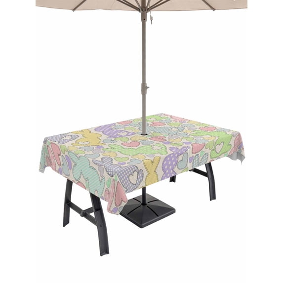 Outdoor Tablecloth with Umbrella Hole and Zipper, Easter Rectangle Table Cloth 60x120 Inch Waterproof Tablecloth, Watercolor Rabbits Love Polka Dots Spring Beige Picnic Table Cover for Patio Camping