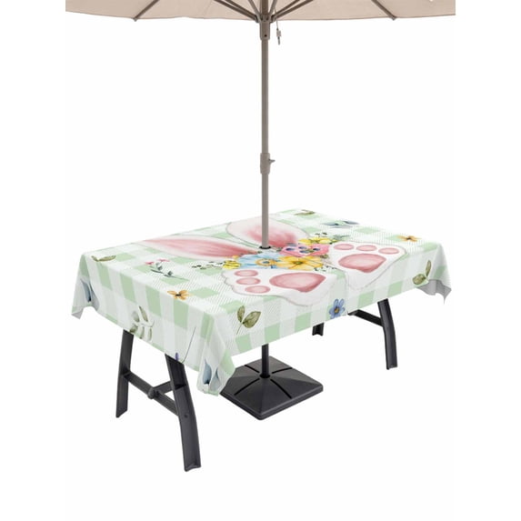 Outdoor Tablecloth with Umbrella Hole and Zipper, Easter Rectangle Table Cloth 60x84 Inch Waterproof Tablecloth, Spring Bunny Ears Feet Flowers Green Plaid Picnic Table Cover for Patio Camping