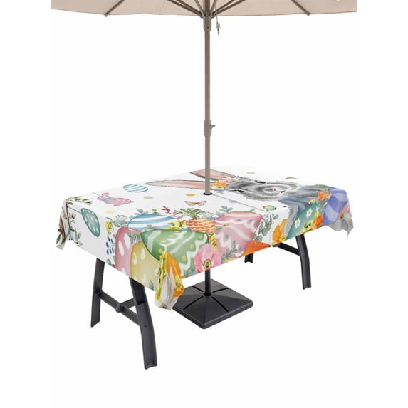 Outdoor Tablecloth with Umbrella Hole and Zipper, Easter Rectangle Table Cloth 60x84 Inch Waterproof Tablecloth, Spring Bunny Eggs Botanical Leaves Tree Branch Picnic Table Cover for Patio Camping