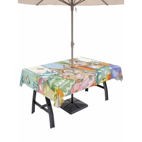 Outdoor Tablecloth with Umbrella Hole and Zipper, Easter Rectangle Table Cloth 60x84 Inch Waterproof Tablecloth, Spring Rabbit Eucalyptus Leaves Eggs Wooden Picnic Table Cover for Patio Camping