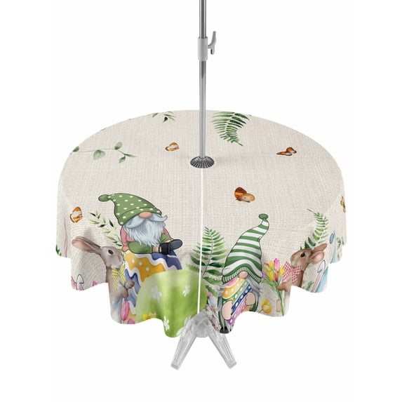 Outdoor Tablecloth with Umbrella Hole and Zipper, Easter Round Table Cloth 54 Inch Waterproof Tablecloth, Eggs Gnomes Bunny Elegant Pastoral Rustic Picnic Table Cover for Patio Camping
