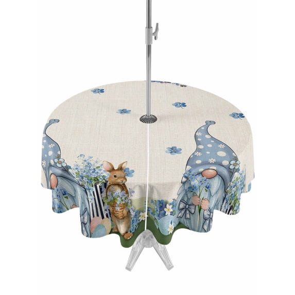 Outdoor Tablecloth with Umbrella Hole and Zipper, Easter Round Table Cloth 54 Inch Waterproof Tablecloth, Farmhouse Retro Spring Rabbits Gnomes Blue Flowers Picnic Table Cover for Patio Camping