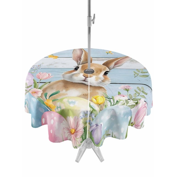 Outdoor Tablecloth with Umbrella Hole and Zipper, Easter Round Table Cloth 54 Inch Waterproof Tablecloth, Farmhouse Spring Rabbit Eggs Flowers Wooden Board Picnic Table Cover for Patio Camping