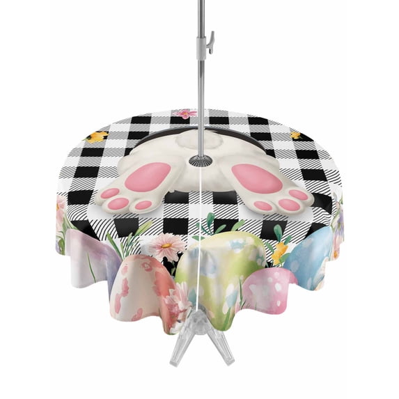 Outdoor Tablecloth with Umbrella Hole and Zipper, Easter Round Table Cloth 54 Inch Waterproof Tablecloth, Spring Bunny Feet Flowers Eggs Black Buffalo Plaid Picnic Table Cover for Patio Camping