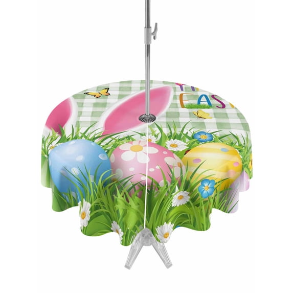 Outdoor Tablecloth with Umbrella Hole and Zipper, Easter Round Table Cloth 54 Inch Waterproof Tablecloth, Spring Easter Eggs Bunny Butterflies Green Plaid Picnic Table Cover for Patio Camping