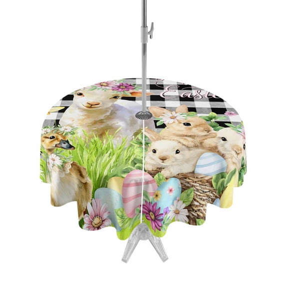 Outdoor Tablecloth with Umbrella Hole and Zipper, Easter Round Table Cloth 54 Inch Waterproof Tablecloth, Spring Rabbit Sheep Duck Eggs Plants Black Plaid Picnic Table Cover for Patio Camping