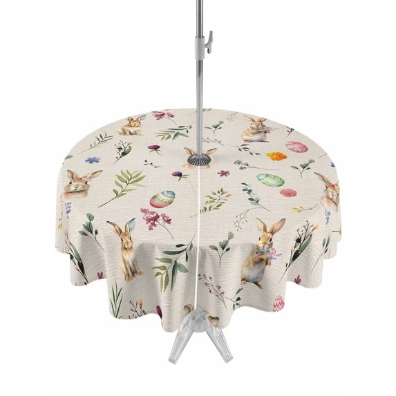 Outdoor Tablecloth with Umbrella Hole and Zipper, Easter Round Table Cloth 60 Inch Waterproof Tablecloth, Country Rabbits Colorful Eggs Leaves Flowers Picnic Table Cover for Patio Camping