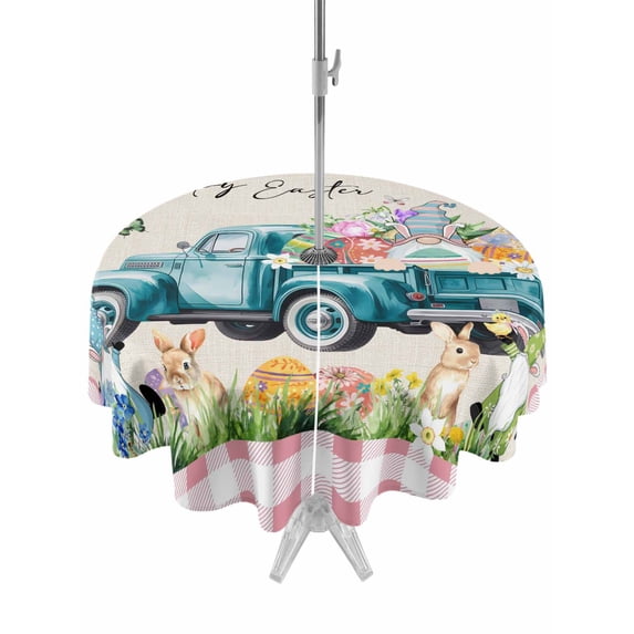 Outdoor Tablecloth with Umbrella Hole and Zipper, Easter Round Table Cloth 60 Inch Waterproof Tablecloth, Pink Plaid Blue Truck Eggs Bunny Retro Art Picnic Table Cover for Patio Camping