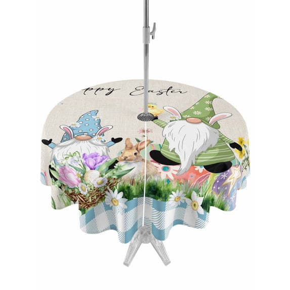 Outdoor Tablecloth with Umbrella Hole and Zipper, Easter Round Table Cloth 60 Inch Waterproof Tablecloth, Spring Gnomes Bunny Butterfly Duck Floral Plaid Picnic Table Cover for Patio Camping