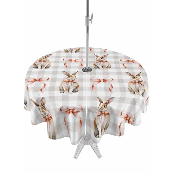 Outdoor Tablecloth with Umbrella Hole and Zipper, Easter Round Table Cloth 60 Inch Waterproof Tablecloth, Spring Pink Bow Bunny Grey White Checkered Picnic Table Cover for Patio Camping