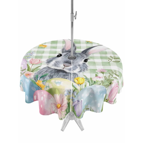 Outdoor Tablecloth with Umbrella Hole and Zipper, Easter Round Table Cloth 60 Inch Waterproof Tablecloth, Spring Rabbit Eggs Botanical Floral Green Lattice Picnic Table Cover for Patio Camping