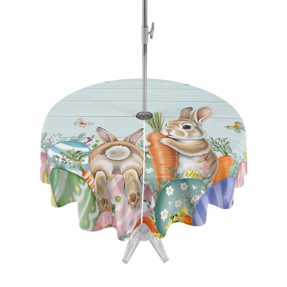 Outdoor Tablecloth with Umbrella Hole and Zipper, Easter Round Table Cloth 60 Inch Waterproof Tablecloth, Spring Rabbit Tail Eggs Eucalyptus Leaves Wood Picnic Table Cover for Patio Camping