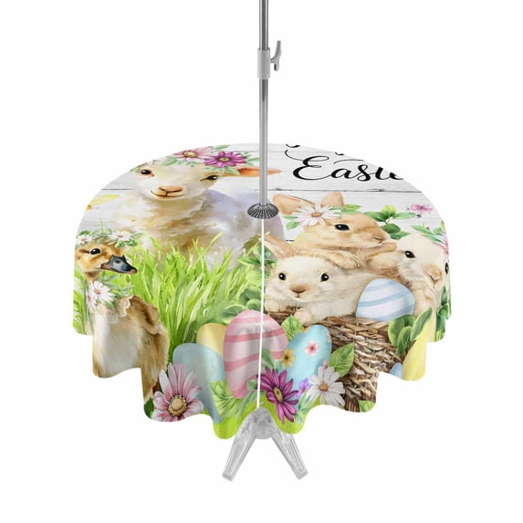 Outdoor Tablecloth with Umbrella Hole and Zipper, Easter Round Table Cloth 60 Inch Waterproof Tablecloth, Spring Sheep Bunny Duck Plants Wooden Grain Picnic Table Cover for Patio Camping