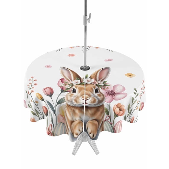 Outdoor Tablecloth with Umbrella Hole Zipper Easter Round Tablecloth 60" Waterproof Outside Table Cloth Spring Cute Rabbit Eggs Botanical Flowers Rose Patio Table Cover Tablecloths for Picnic Party