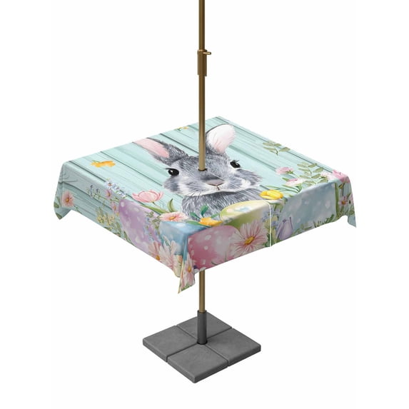 Outdoor Tablecloth with Umbrella Hole and Zipper, Easter Square Table Cloth 54x54 Inch Waterproof Tablecloth, Farmhouse Spring Rabbit Eggs Flowers Leaf Wood Picnic Table Cover for Patio Camping