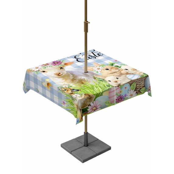 Outdoor Tablecloth with Umbrella Hole and Zipper, Easter Square Table Cloth 54x54 Inch Waterproof Tablecloth, Spring Bunny Sheep Floral Eggs Botanical Blue Check Picnic Table Cover for Patio Camping