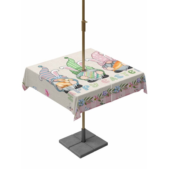 Outdoor Tablecloth with Umbrella Hole and Zipper, Easter Square Table Cloth 60x60 Inch Waterproof Tablecloth, Country Gnomes Rabbit Colorful Eggs Flowers Treill Picnic Table Cover for Patio Camping