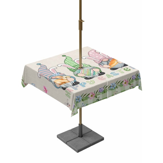 Outdoor Tablecloth with Umbrella Hole and Zipper, Easter Square Table Cloth 60x60 Inch Waterproof Tablecloth, Retro Farmhouse Gnomes Flowers Rabbit Eggs Plaid Picnic Table Cover for Patio Camping
