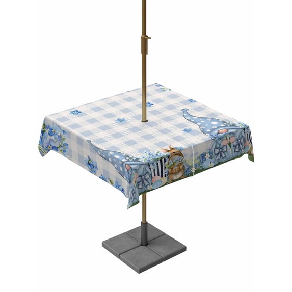 Outdoor Tablecloth with Umbrella Hole and Zipper, Easter Square Table Cloth 60x60 Inch Waterproof Tablecloth, Spring Blue Gnomes Rabbit Eggs Floral Buffalo Plaid Picnic Table Cover for Patio Camping