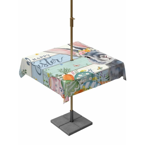 Outdoor Tablecloth with Umbrella Hole and Zipper, Easter Square Table Cloth 60x60 Inch Waterproof Tablecloth, Spring Bunny Easter Eggs Floral Beige Green Wood Picnic Table Cover for Patio Camping