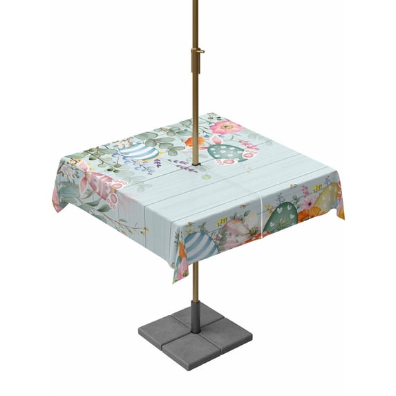 Outdoor Tablecloth with Umbrella Hole and Zipper, Easter Square Table Cloth 60x60 Inch Waterproof Tablecloth, Spring Eggs Eucalyptus Branch Floral Wooden Picnic Table Cover for Patio Camping
