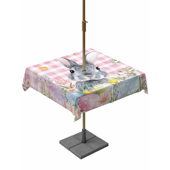 Outdoor Tablecloth with Umbrella Hole and Zipper, Easter Square Table Cloth 60x60 Inch Waterproof Tablecloth, Spring Rabbit Egg Botanical Flowers Leaf Pink Check Picnic Table Cover for Patio Camping