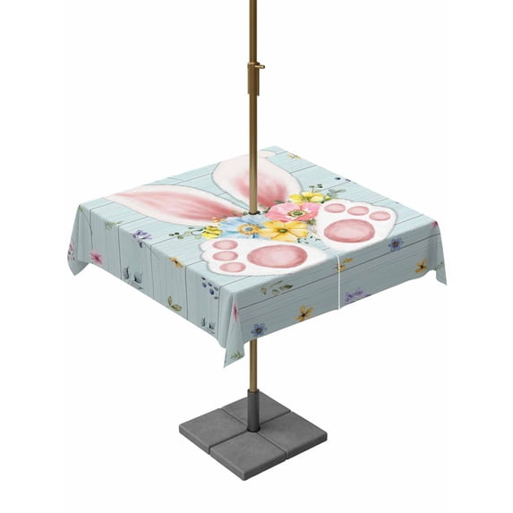 Outdoor Tablecloth with Umbrella Hole and Zipper, Easter Square Table Cloth 60x60 Inch Waterproof Tablecloth, Spring Rabbits Ears Feet Flowers Wooden Grain Picnic Table Cover for Patio Camping