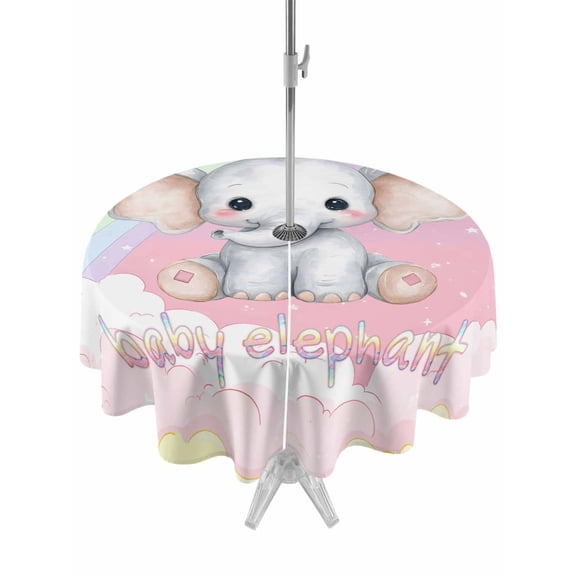 Outdoor Tablecloth with Umbrella Hole Zipper Elephants Round Tablecloth 54" Waterproof Outside Table Cloth Cute Rainbow Clouds Pink Purple Patio Table Cover Tablecloths for Picnic Party