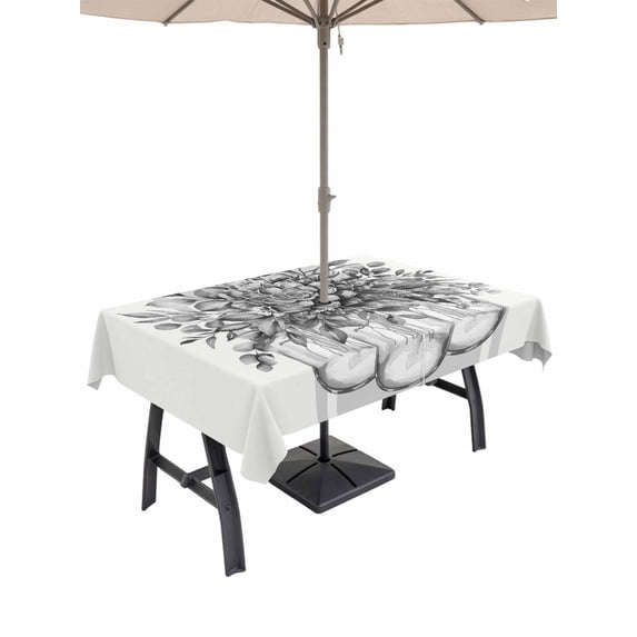 Outdoor Tablecloth with Umbrella Hole and Zipper, Eucalyptus Grey Rectangle Table Cloth 60x84 Inch Waterproof Tablecloth, Vintage Bottle Succulents Flower Stripes Picnic Table Cover for Patio Camping