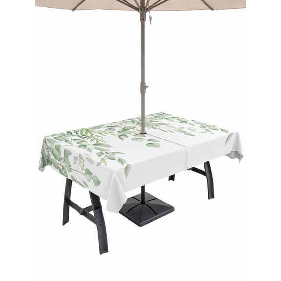 Outdoor Tablecloth with Umbrella Hole and Zipper, Eucalyptus Leaves Rectangle Table Cloth 60x84 Inch Waterproof Tablecloth, Green Summer Botanical Weeping Picnic Table Cover for Patio Camping