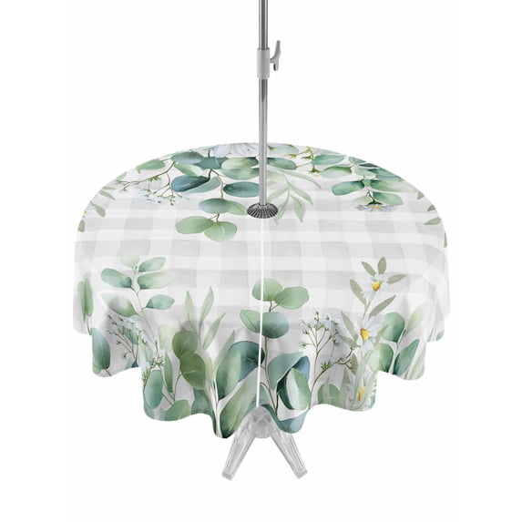 Outdoor Tablecloth with Umbrella Hole and Zipper, Eucalyptus Leaves Round Table Cloth 60 Inch Waterproof Tablecloth, Spring Daily Flowers Plants Gray Plaid Picnic Table Cover for Patio Camping