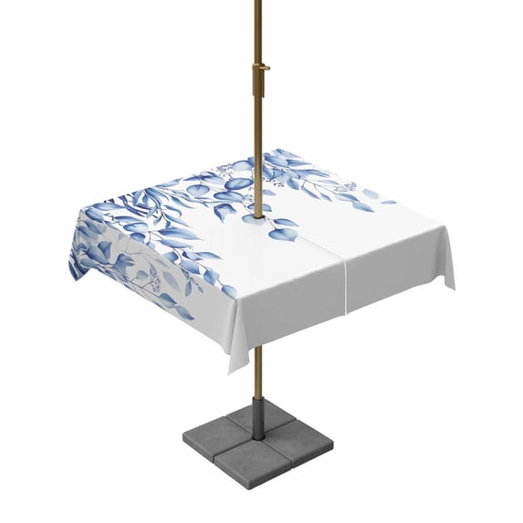 Outdoor Tablecloth with Umbrella Hole and Zipper, Eucalyptus Leaves Square Table Cloth 60x60 Inch Waterproof Tablecloth, Navy Blue Summer Botanical Weeping Picnic Table Cover for Patio Camping