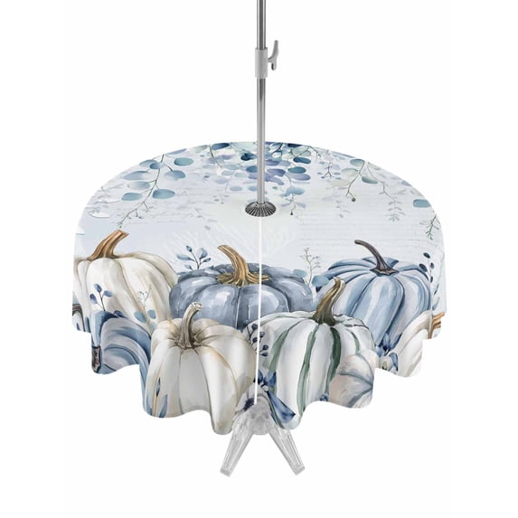Outdoor Tablecloth with Umbrella Hole and Zipper, Fall Blue Grey Pumpkins Round Table Cloth 54 Inch Waterproof Tablecloth, Thanksgiving Botanical Picnic Table Cover for Patio Camping