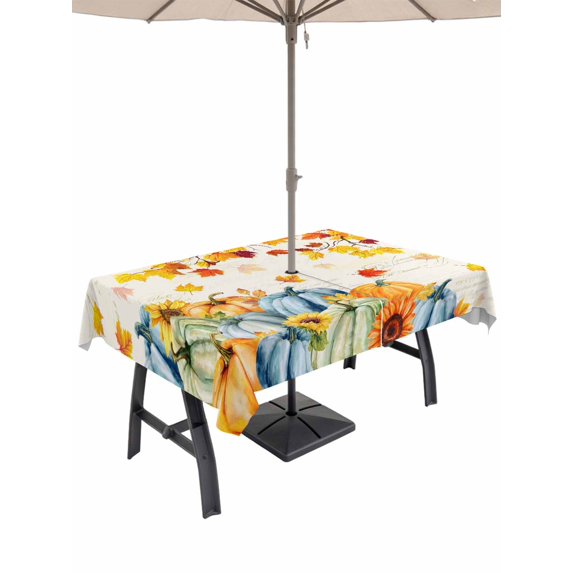 Outdoor Tablecloth with Umbrella Hole and Zipper, Fall Blue Pumpkins Rectangle Table Cloth 52x70 Inch Waterproof Tablecloth, Thanksgiving Maple Tree Branch Leaves Picnic Table Cover for Patio Camping