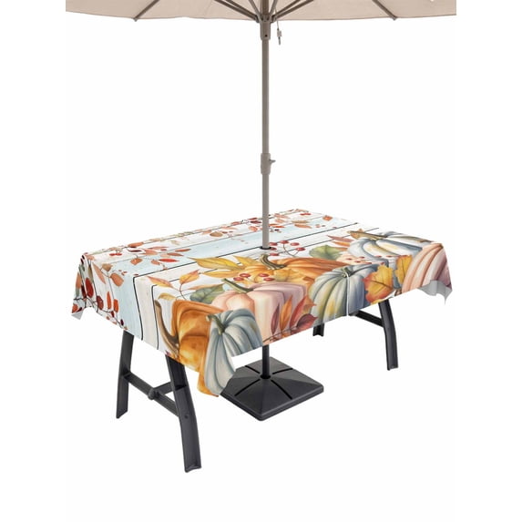 Outdoor Tablecloth with Umbrella Hole and Zipper, Fall Brown Eucalyptus Rectangle Table Cloth 60x120 Inch Waterproof Tablecloth, Thanksgiving Pumpkins Farmhouse Wood Picnic Table Cover for Patio