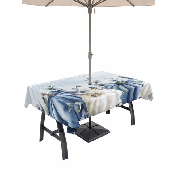 Outdoor Tablecloth with Umbrella Hole and Zipper, Fall Coastal Rectangle Table Cloth 60x120 Inch Waterproof Tablecloth, Thanksgiving Blue White Pumpkin Eucalyptus Picnic Table Cover for Patio Camping
