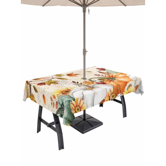 Outdoor Tablecloth with Umbrella Hole and Zipper, Fall Green Orange Pumpkins Rectangle Table Cloth 54x80 Inch Waterproof Tablecloth, Maple Leaf Tree Thanksgiving Picnic Table Cover for Patio Camping