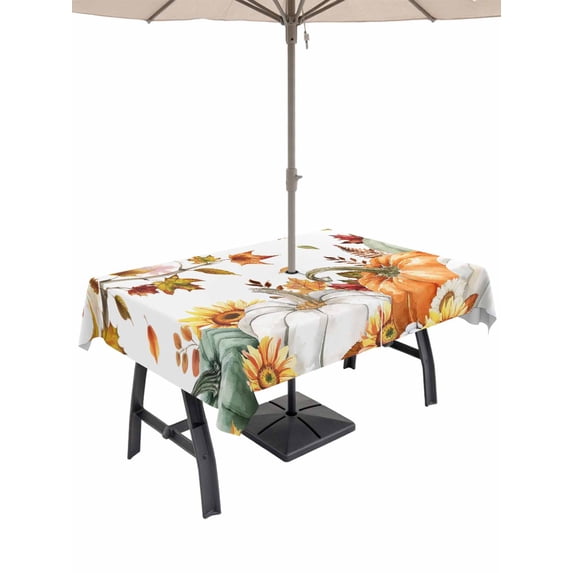 Outdoor Tablecloth with Umbrella Hole and Zipper, Fall Green Orange Rectangle Table Cloth 60x120 Inch Waterproof Tablecloth, Maple Leaf Tree Thanksgiving Pumpkins Picnic Table Cover for Patio Camping