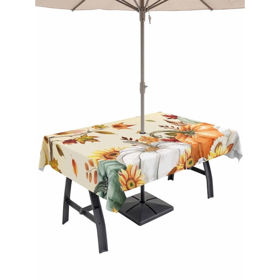 Outdoor Tablecloth with Umbrella Hole and Zipper, Fall Green Orange Rectangle Table Cloth 60x120 Inch Waterproof Tablecloth, Thanksgiving Maple Leaf Tree Pumpkins Picnic Table Cover for Patio Camping