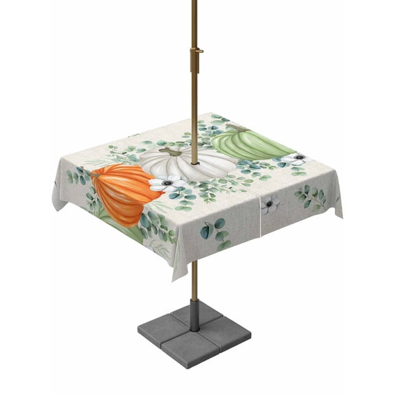 Outdoor Tablecloth with Umbrella Hole and Zipper, Fall Green Square Table Cloth 60x60 Inch Waterproof Tablecloth, Orange White Thanksgiving Pumpkin Eucalyptus Picnic Table Cover for Patio Camping