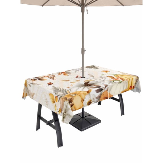 Outdoor Tablecloth with Umbrella Hole and Zipper, Fall Grey Orange Rectangle Table Cloth 60x120 Inch Waterproof Tablecloth, Thanksgiving Pumpkins Maple Leaf Geometric Picnic Table Cover for Patio