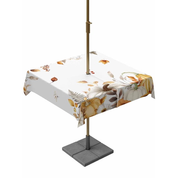 Outdoor Tablecloth with Umbrella Hole and Zipper, Fall Grey Orange Square Table Cloth 54x54 Inch Waterproof Tablecloth, Thanksgiving Pumpkins Brown Maple Leaf Picnic Table Cover for Patio Camping